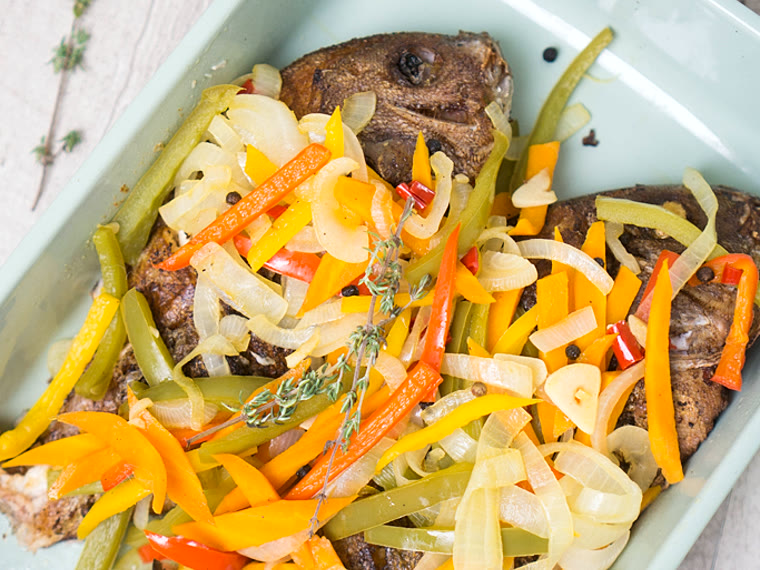 Escovitch fish with rice and peas and slaw